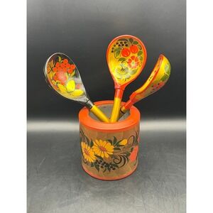 Vtg Lacquer Khokhloma Wooden Spoons Set‎ & Holder Russian Folk Art Made In USSR